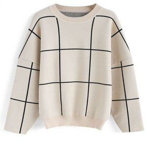 Chicwish GRID ROUND NECK SWEATER, Size M-L, 60% Wool & 40% Polyester, Grid Print